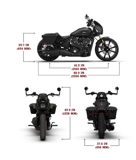 Side view of the 2026 Indian Sport Scout RT motorcycle with height, width and length dimensions.