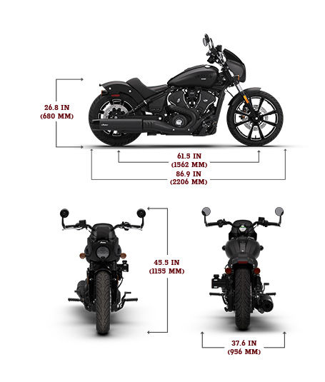Side view of the 2026 Indian Sport Scout Limited +Tech motorcycle with height, width and length dimensions.
