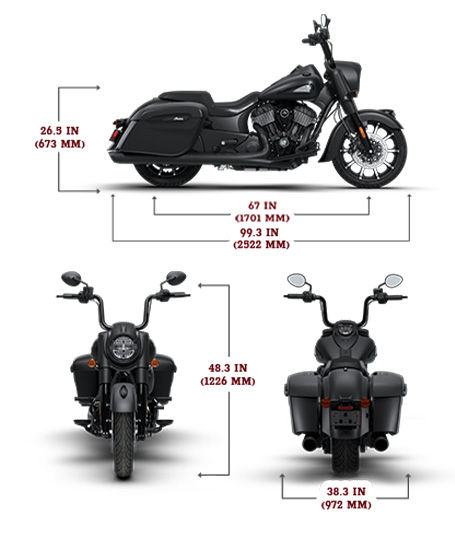Side view of the 2026 Indian Springfield Dark Horse motorcycle with height, width and length dimensions.