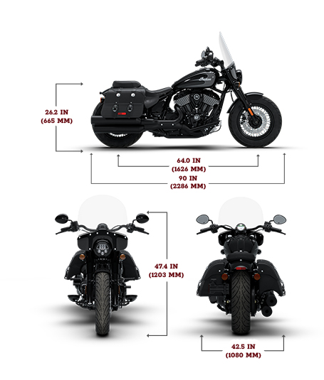 Side view of the 2026 Indian Super Chief Dark Horse motorcycle with height, width and length dimensions.