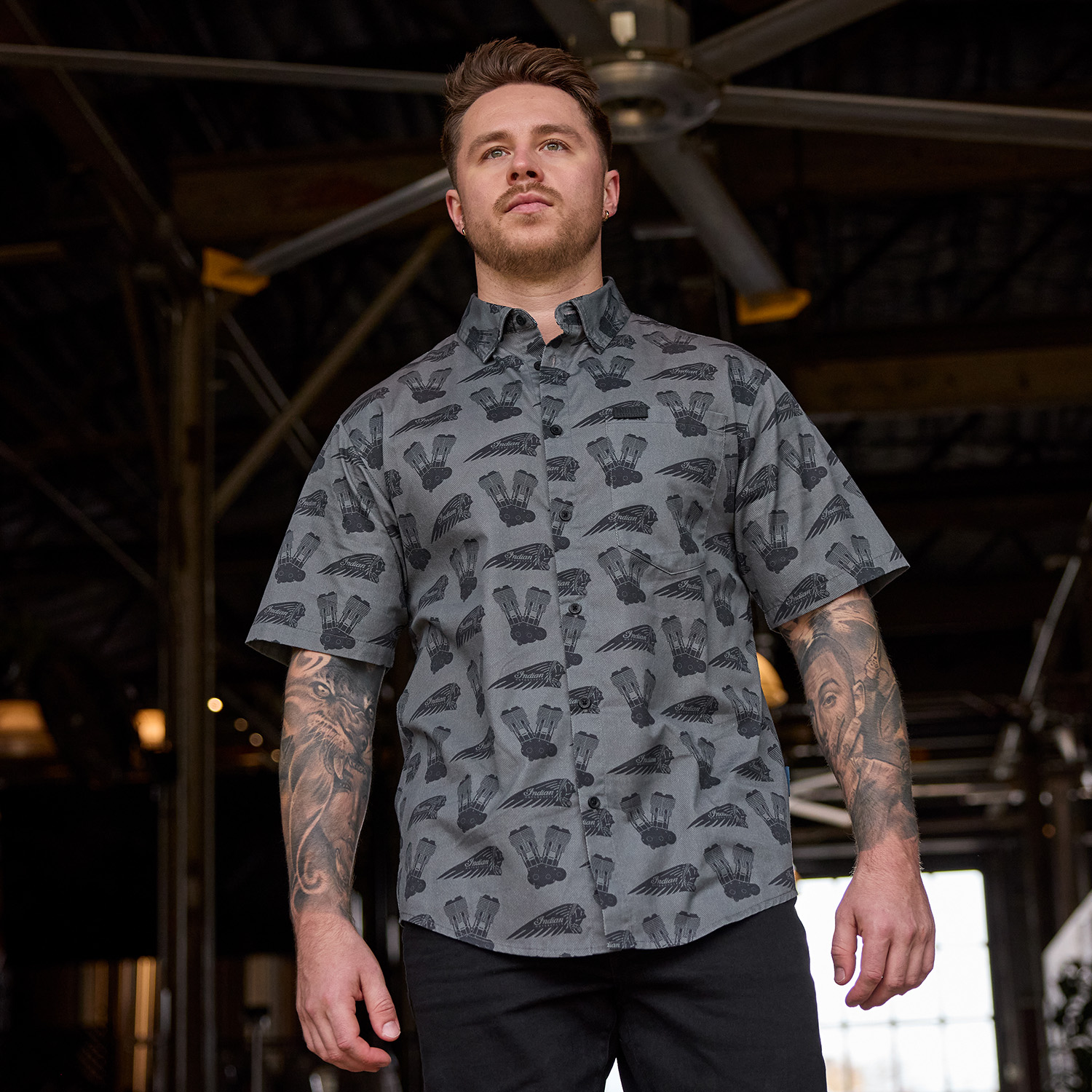 Men's Engine Headdress Print SS Shirt, Gray | Indian Motorcycle