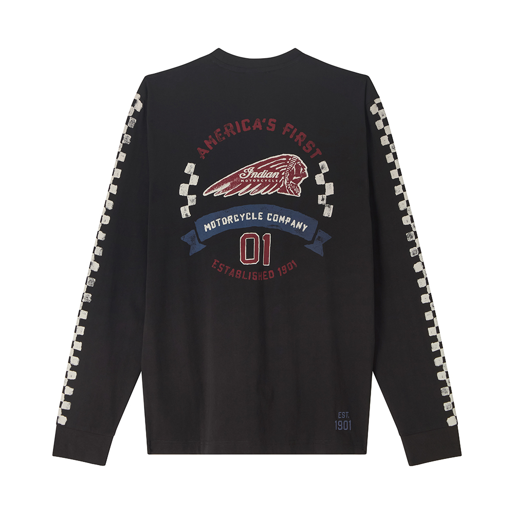 Men's Checkered Graphic Long Sleeve T-Shirt, Black | Indian Motorcycle