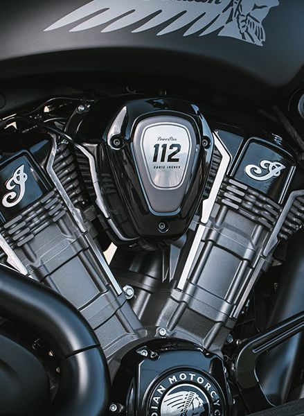 Close-up detail of a Powerplus 112 engine on an Indian Motorcycle. 