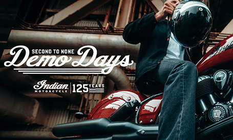 2 Indian Motorcycle Riders cruising on highway road - Original Icon Demo Event. 