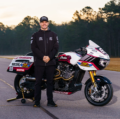 Indian Motorcycle's Wrecking Crew member Tyler O'Hara #29  stands in front of Indian Challenger racing motorcycle. 