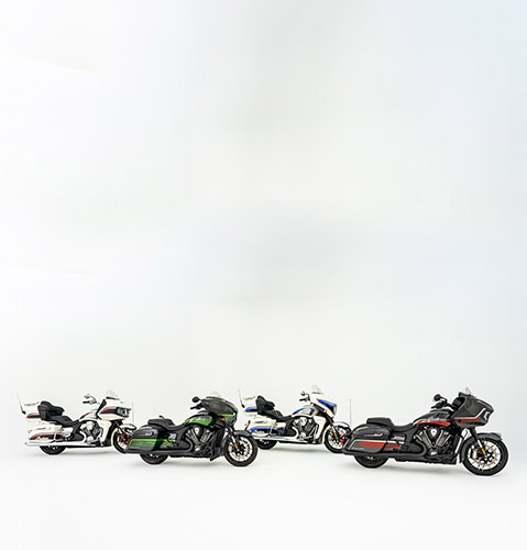 Indian Motorcycle Signature Series collection with Challenger, Chieftain PowerPlus, Pursuit, and Roadmaster PowerPlus limited-edition motorcycles parked together.