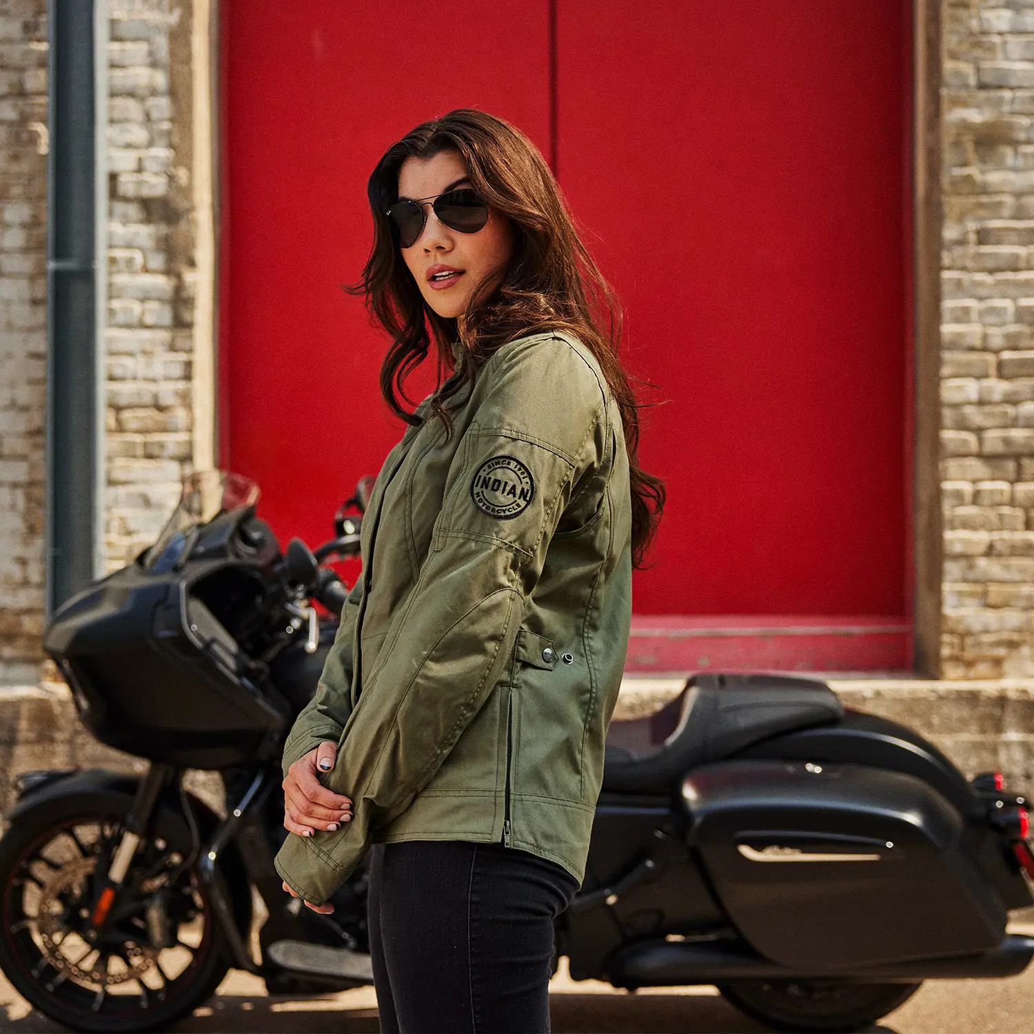Women's Harrison Wax Jacket, Green Indian Motorcycle