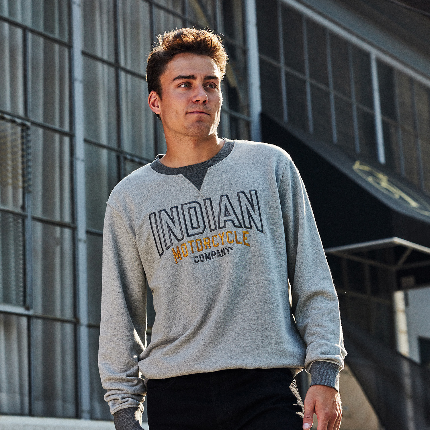 Men's Embroidered Ringer Sweatshirt, Gray | Indian Motorcycle