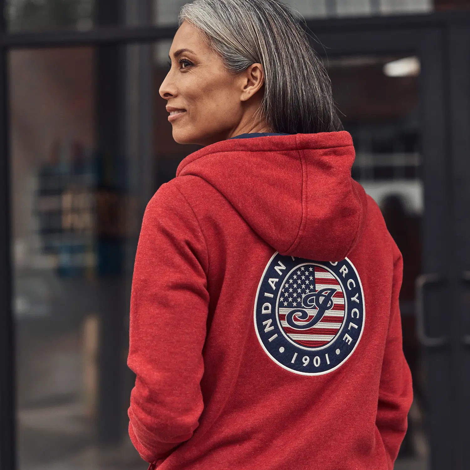 Damen USA Flagge Hoodie, Rot Indian Motorcycle DE