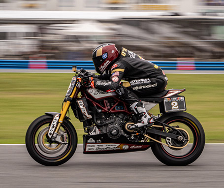 Hooligan racing rider racing on an standard Indian FTR R Carbon Motorcycle.