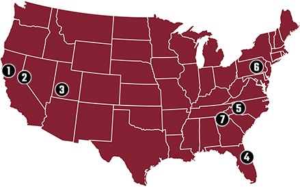 map of the top motorcycle vacation destinations in the United States of America