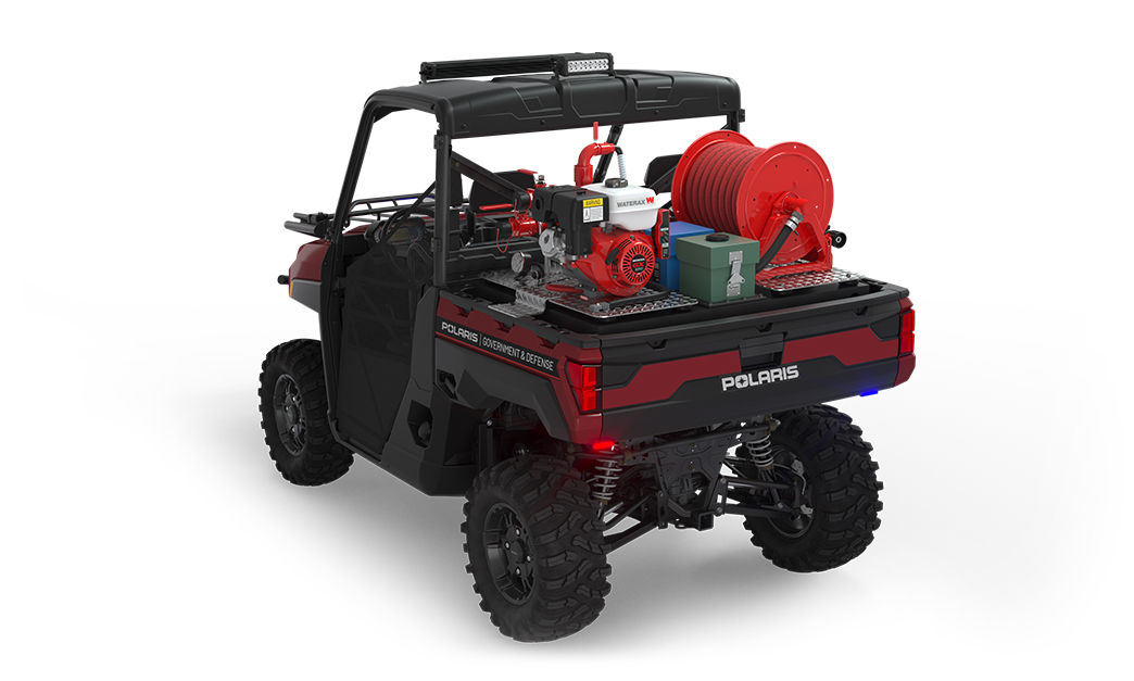Rear side view of the cargo box with firefighting kit on a polaris ranger xp 1000 eps utv with the basic firefighting package installed