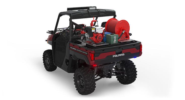 Rear side view of the cargo box with firefighting kit on a polaris ranger xp 1000 eps utv with the basic firefighting package installed