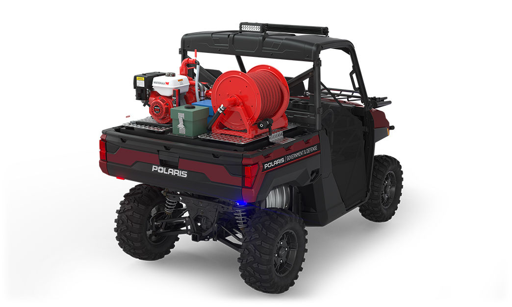 Rear view of the cargo box with firefighting kit on a polaris ranger xp 1000 eps utv with the basic firefighting package installed
