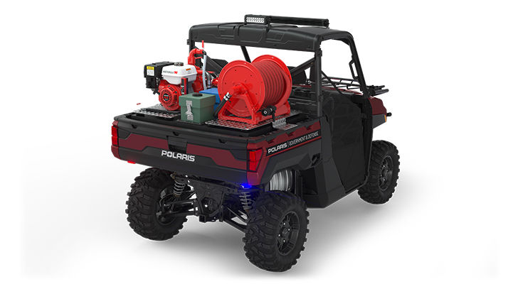 Rear view of the cargo box with firefighting kit on a polaris ranger xp 1000 eps utv with the basic firefighting package installed