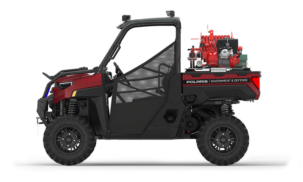 Side view of a polaris ranger xp 1000 eps utv with the basic firefighting package featuring the firefighting kit