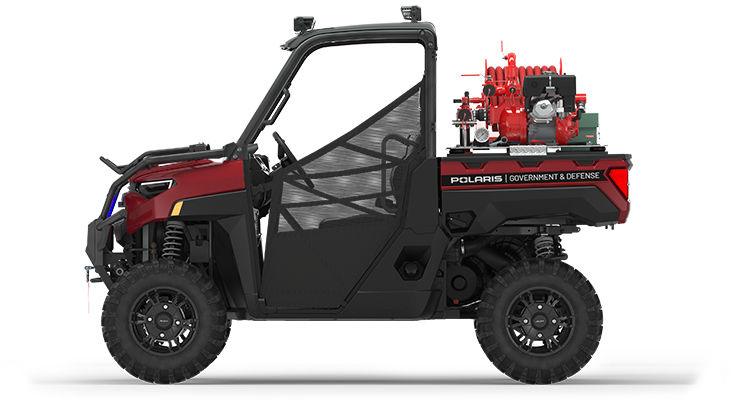 Side view of a polaris ranger xp 1000 eps utv with the basic firefighting package featuring the firefighting kit