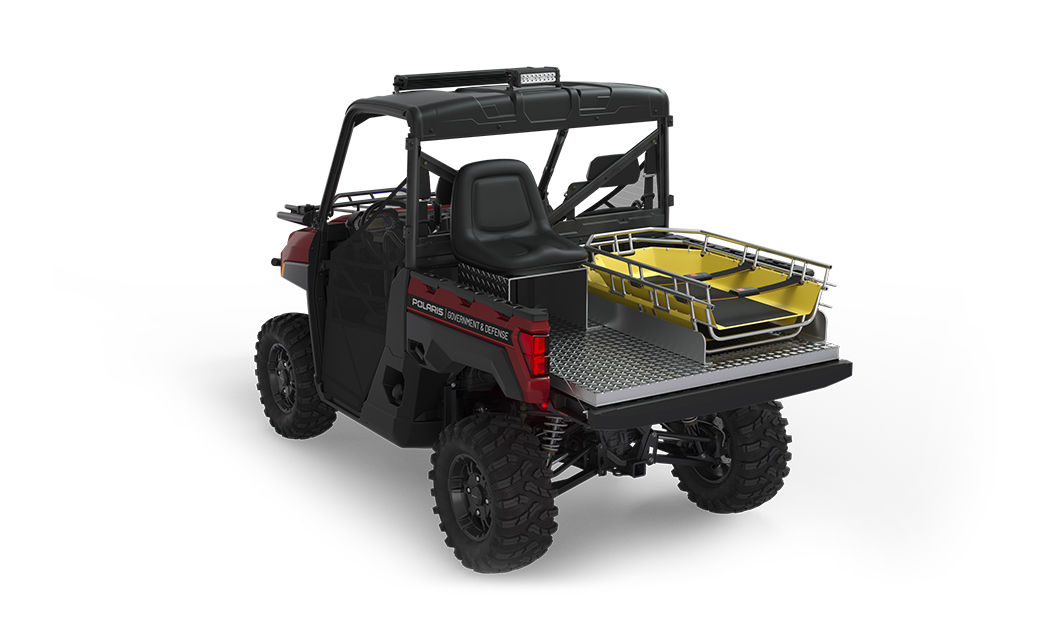 Rear side view of the cargo box with rescue skid and attendant seat on a polaris ranger xp 1000 eps utv with the basic rescue package installed