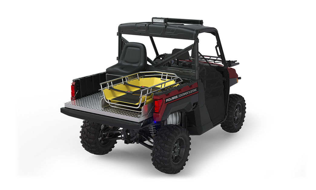 Rear view of the cargo box with rescue skid and attendant seat on a polaris ranger xp 1000 eps utv with the basic rescue package installed