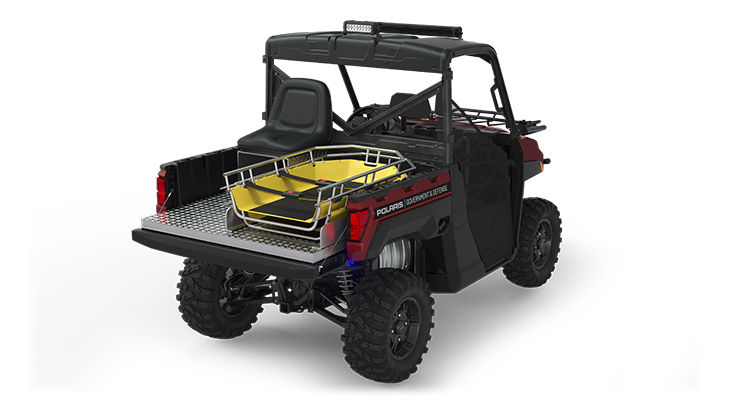 Rear view of the cargo box with rescue skid and attendant seat on a polaris ranger xp 1000 eps utv with the basic rescue package installed