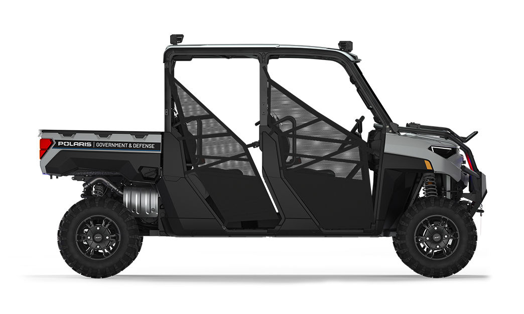 Side view of a polaris ranger crew xp 1000 eps utv with the deluxe patrol package installed