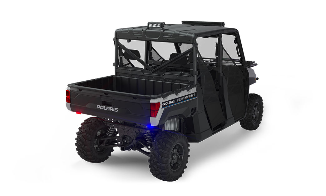 Rear side view of the cargo box area on a polaris ranger crew xp 1000 eps utv with the deluxe patrol package installed