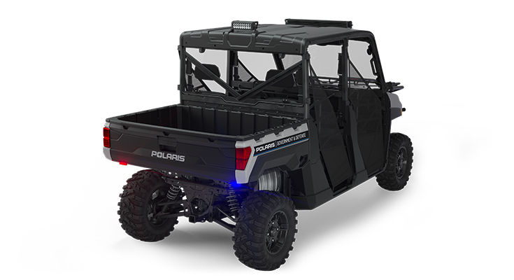 Rear side view of the cargo box area on a polaris ranger crew xp 1000 eps utv with the deluxe patrol package installed