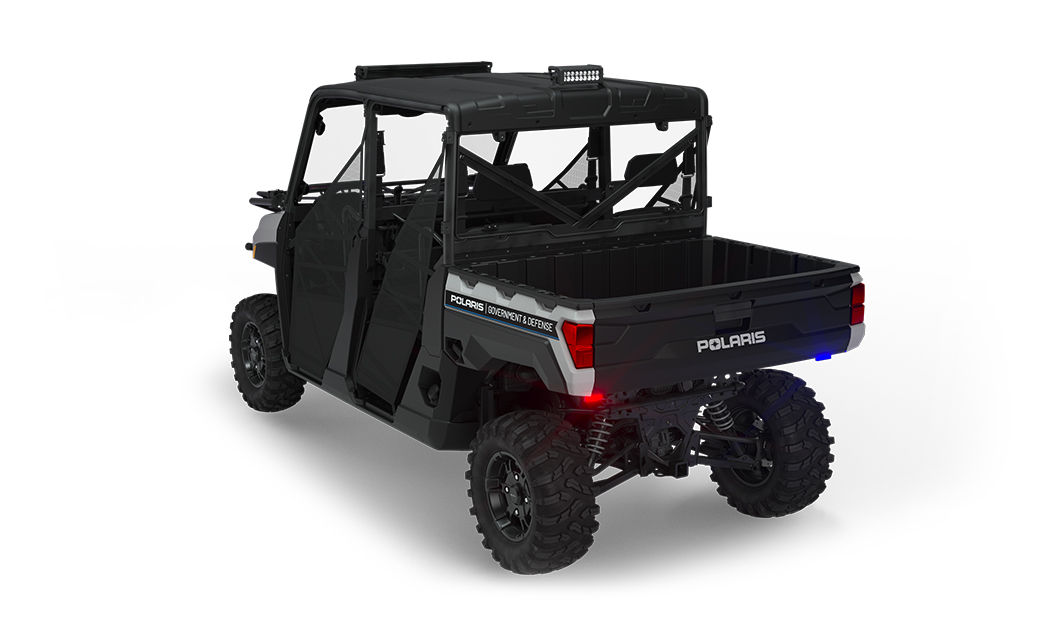 Rear view of a polaris ranger crew xp 1000 eps utv with the deluxe patrol package installed