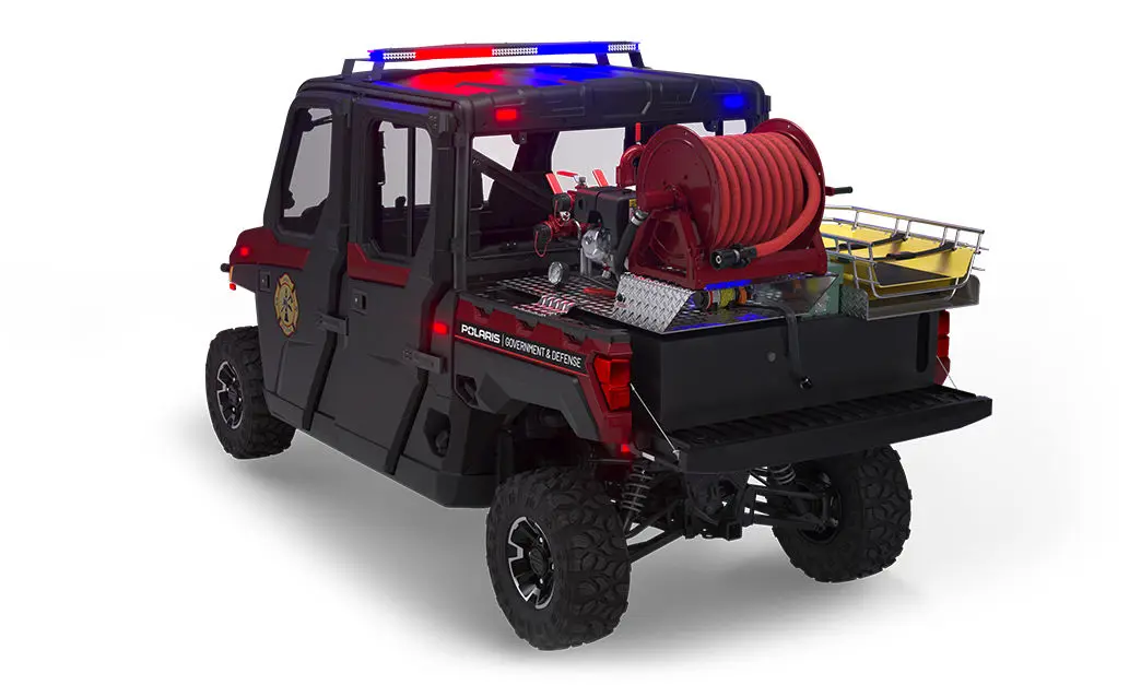 Rear side view of the cargo box with firefighting & rescue combo kit on a polaris ranger crew xp 1000 eps hvac edition utv with the premium firefighting & rescue package installed