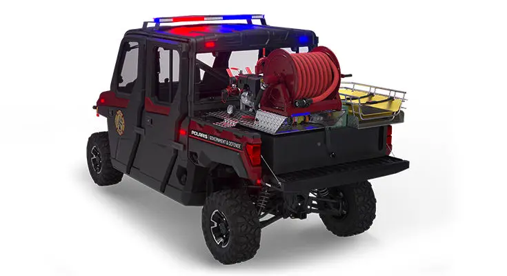 Rear side view of the cargo box with firefighting & rescue combo kit on a polaris ranger crew xp 1000 eps hvac edition utv with the premium firefighting & rescue package installed