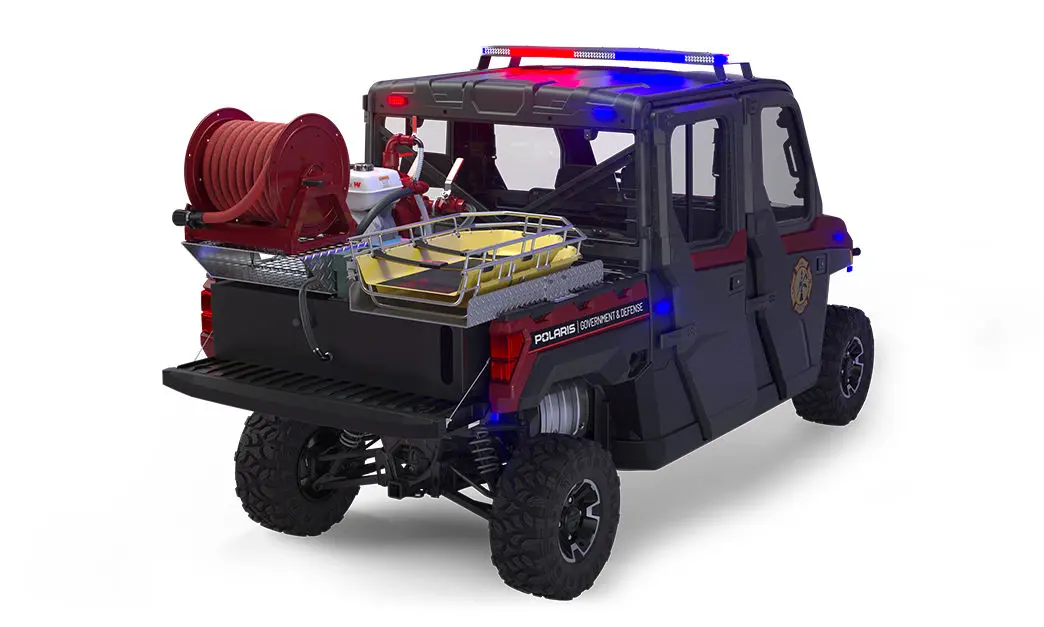 Rear view of the cargo box with firefighting & rescue combo kit on a polaris ranger crew xp 1000 eps hvac editio