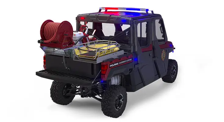 Rear view of the cargo box with firefighting & rescue combo kit on a polaris ranger crew xp 1000 eps hvac editio