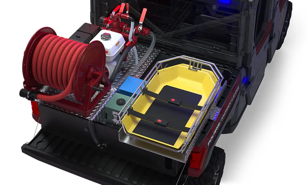 Cargo box with firefighting & rescue combo kit on a polaris ranger crew xp 1000 eps hvac edition utv with the premium firefighting & rescue package installed