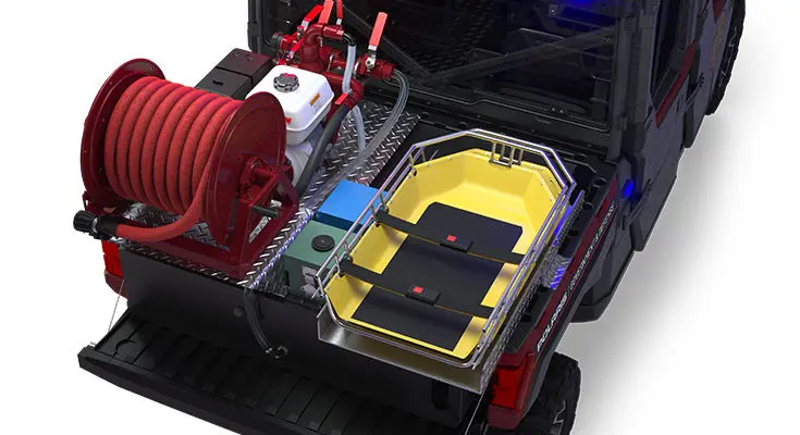 Cargo box with firefighting & rescue combo kit on a polaris ranger crew xp 1000 eps hvac edition utv with the premium firefighting & rescue package installed