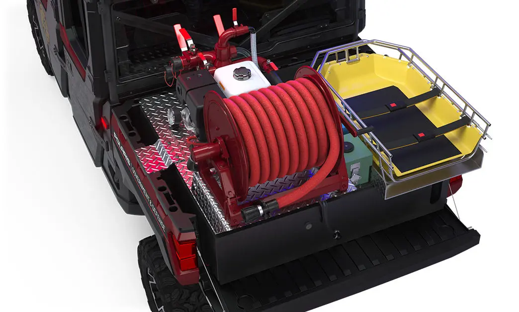 Cargo box with fire hose and rescue skid on a polaris ranger crew xp 1000 eps hvac edition utv with the premium firefighting & rescue package installed