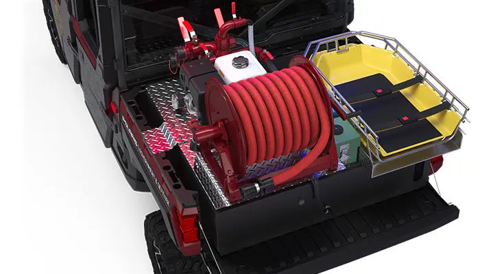 Cargo box with fire hose and rescue skid on a polaris ranger crew xp 1000 eps hvac edition utv with the premium firefighting & rescue package installed