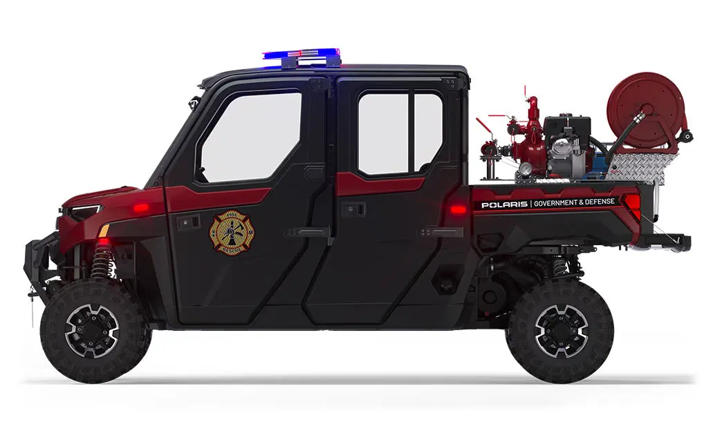 Left side view of a polaris ranger crew xp 1000 eps hvac edition utv with the premium firefighting & rescue package installed