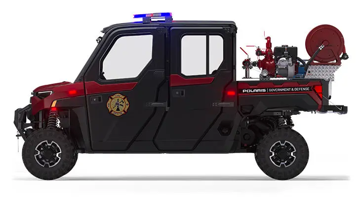 Left side view of a polaris ranger crew xp 1000 eps hvac edition utv with the premium firefighting & rescue package installed