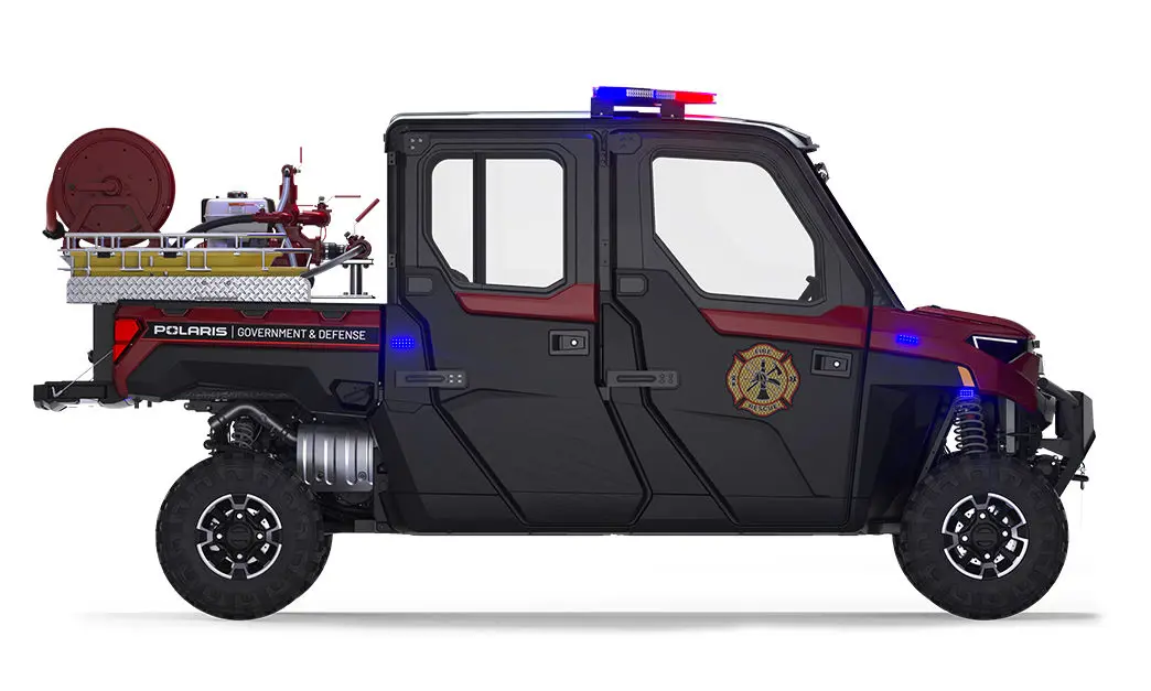 Right side view of a polaris ranger crew xp 1000 eps hvac edition utv with the premium firefighting & rescue package installed