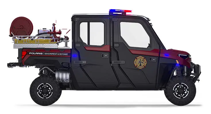 Right side view of a polaris ranger crew xp 1000 eps hvac edition utv with the premium firefighting & rescue package installed