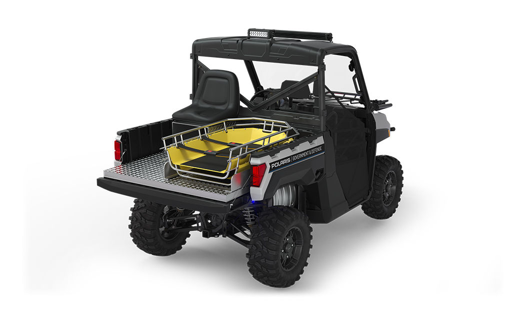 Rear side view of the cargo box with rescue skid and attendant seat on a polaris ranger xp 1000 eps utv with the deluxe rescue & patrol package installed