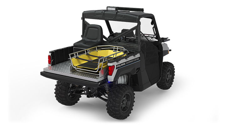 Rear side view of the cargo box with rescue skid and attendant seat on a polaris ranger xp 1000 eps utv with the deluxe rescue & patrol package installed