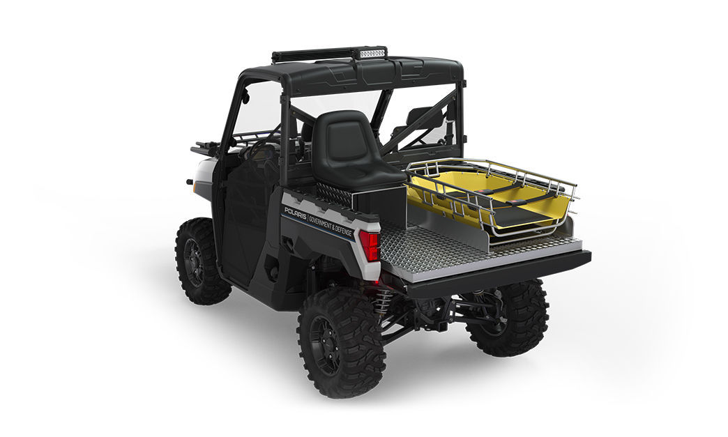 Rear view of the cargo box with rescue skid and attendant seat on a polaris ranger xp 1000 eps utv with the deluxe rescue & patrol package installed