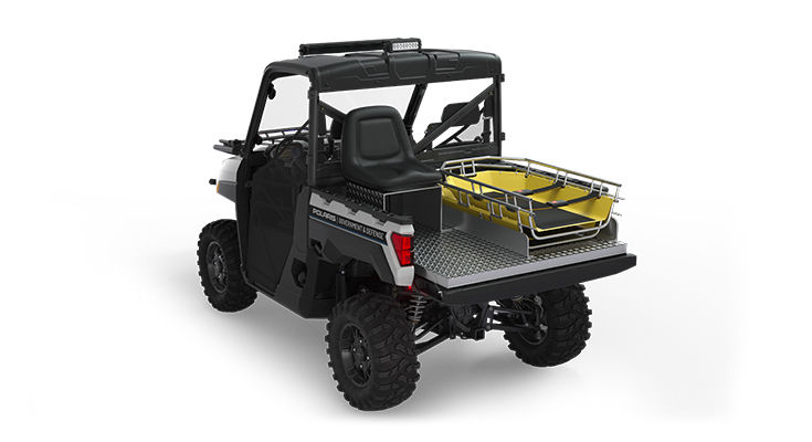 Rear view of the cargo box with rescue skid and attendant seat on a polaris ranger xp 1000 eps utv with the deluxe rescue & patrol package installed