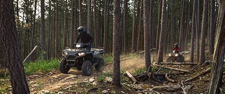 Two Sportsman 450 trailing in the woods