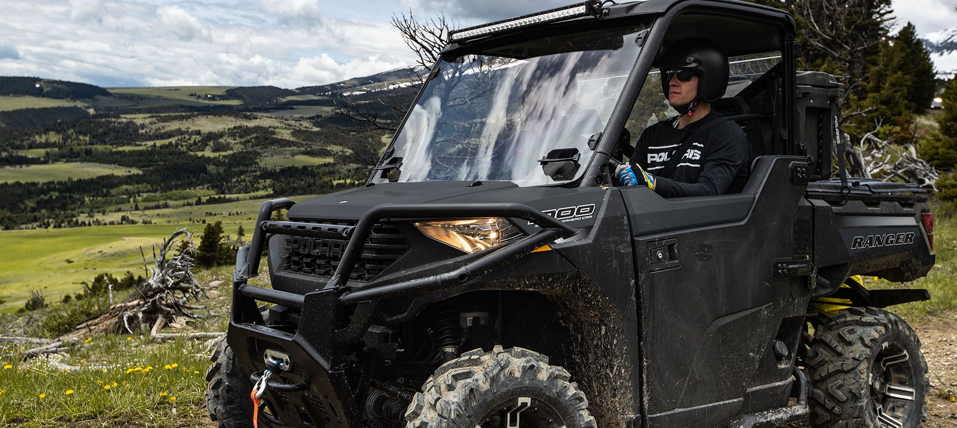 ranger 1000 utv with windshield and lightbar accessory installed