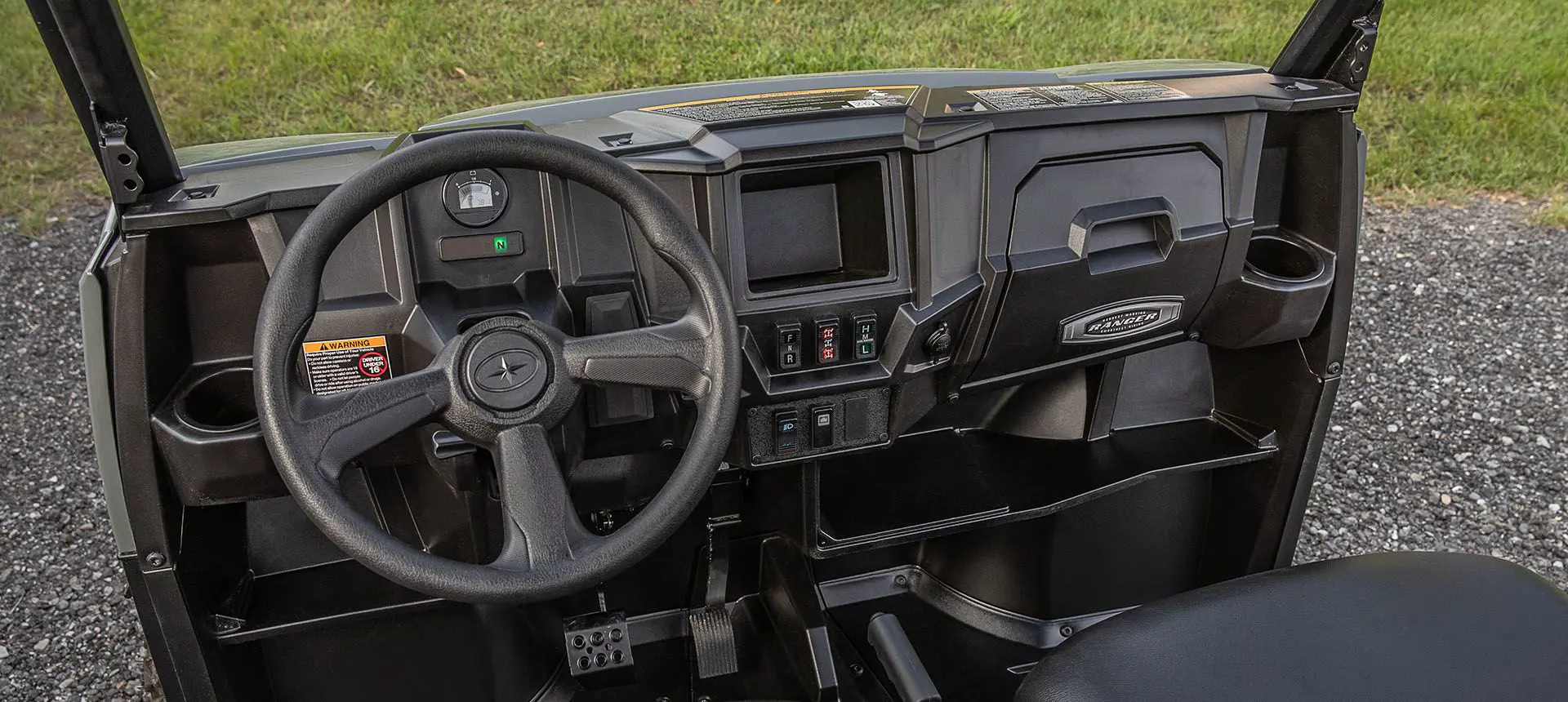 close up of the cockpit of a polaris ranger ev