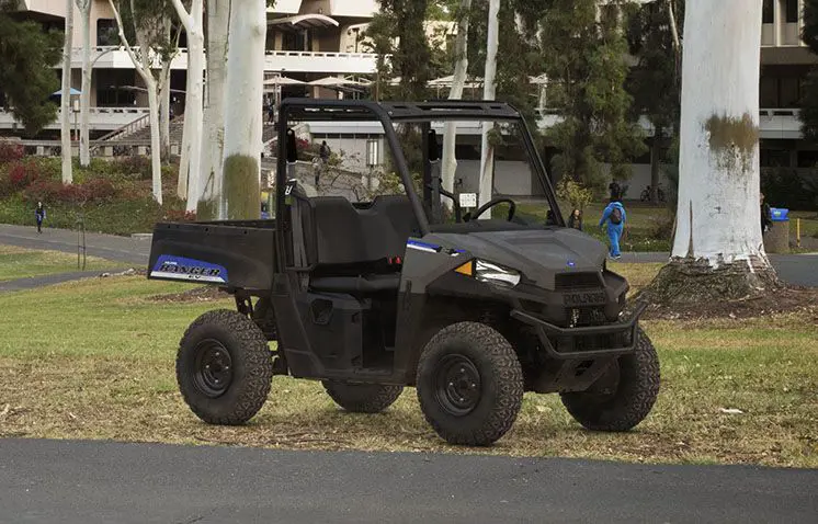 polaris ranger ev electric utv parked on a college campus