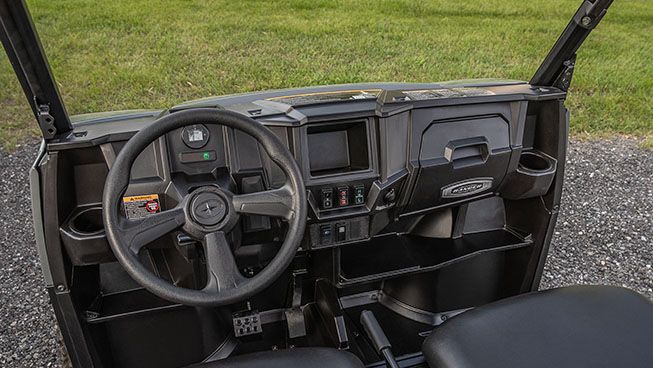 cockpit with adjustable tilt steering in the polaris ranger ev