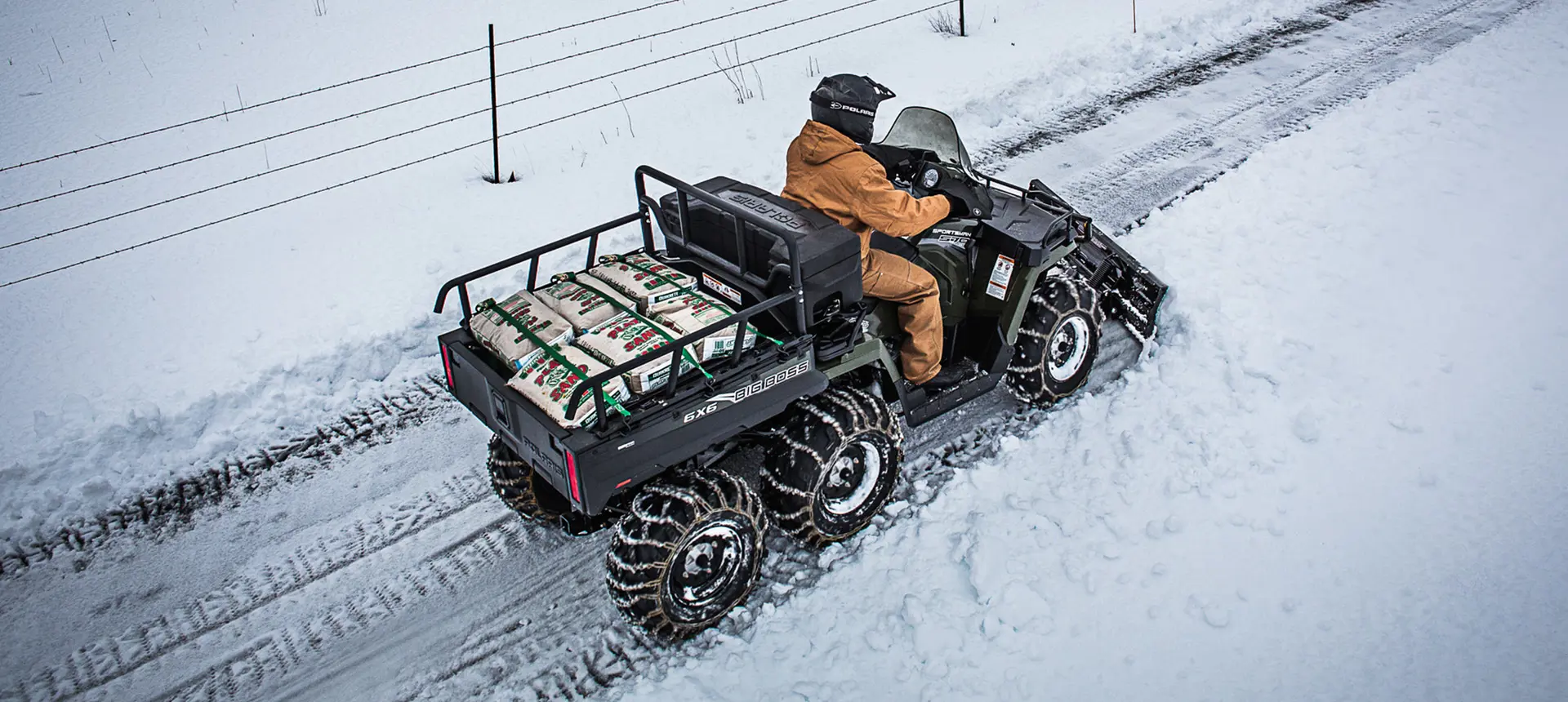 aerial view of a sportsman 6x6 570 atv plowing snow